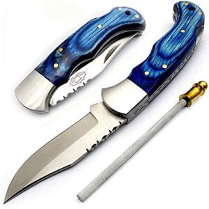 Best.Buy.Damascus1 Pocket Knife Blue Wood 420c Stainless Steel Folding Knife EDC hunting knife Pocket Knife for Men Gifts for Men