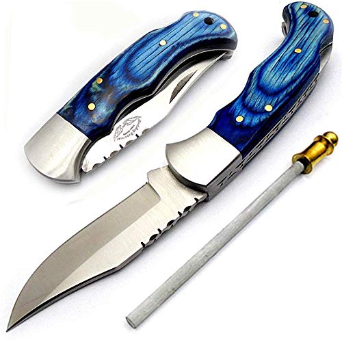 Best.Buy.Damascus1 Pocket Knife Blue Wood 420c Stainless Steel Folding Knife EDC hunting knife Pocket Knife for Men Gifts for Men