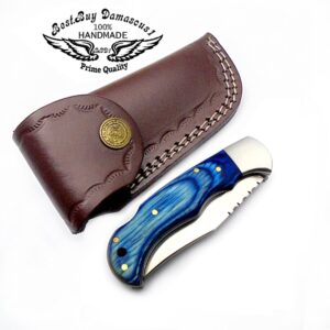 Best.Buy.Damascus1 Pocket Knife Blue Wood 420c Stainless Steel Folding Knife EDC hunting knife Pocket Knife for Men Gifts for Men