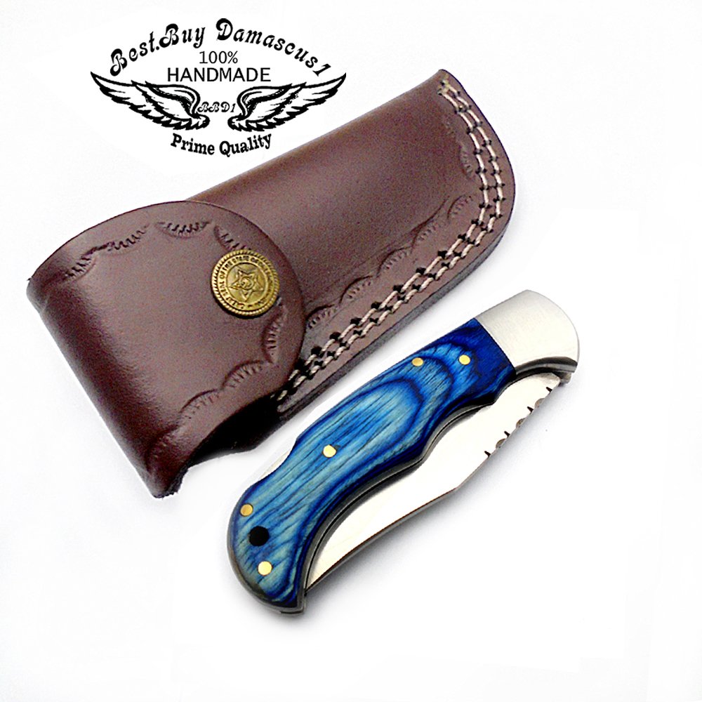 Best.Buy.Damascus1 Pocket Knife Blue Wood 420c Stainless Steel Folding Knife EDC hunting knife Pocket Knife for Men Gifts for Men