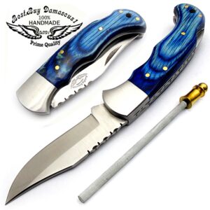 Best.Buy.Damascus1 Pocket Knife Blue Wood 420c Stainless Steel Folding Knife EDC hunting knife Pocket Knife for Men Gifts for Men