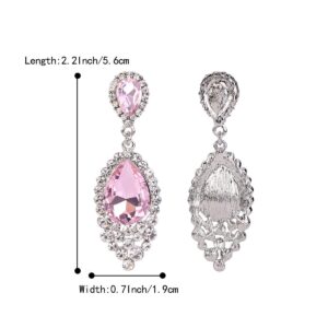 BriLove Wedding Bridal Dangle Earrings for Women Crystal Teardrop Cluster Beads Chandelier Earrings Pink Tourmaline Color Silver-Tone