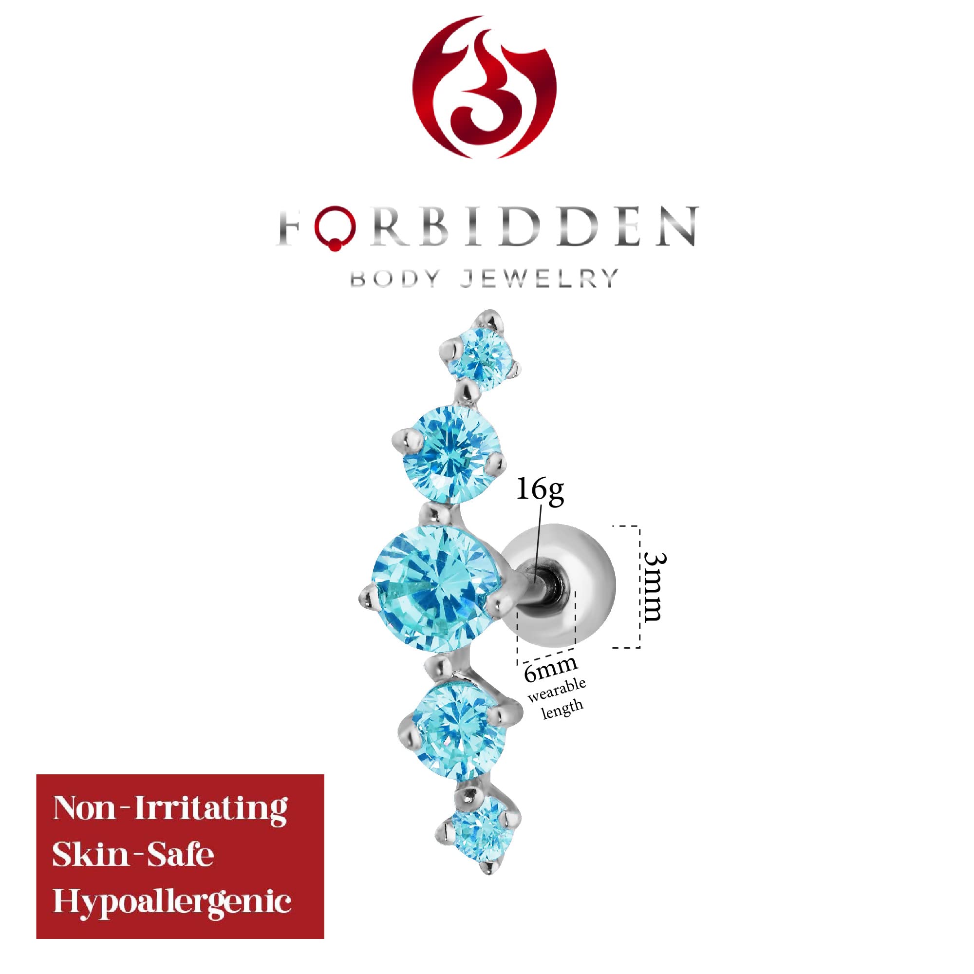 Forbidden Body Jewelry 16g 6mm Surgical Steel 5-Gem Curved Aqua Blue CZ Crystal Cartilage Stud Earring