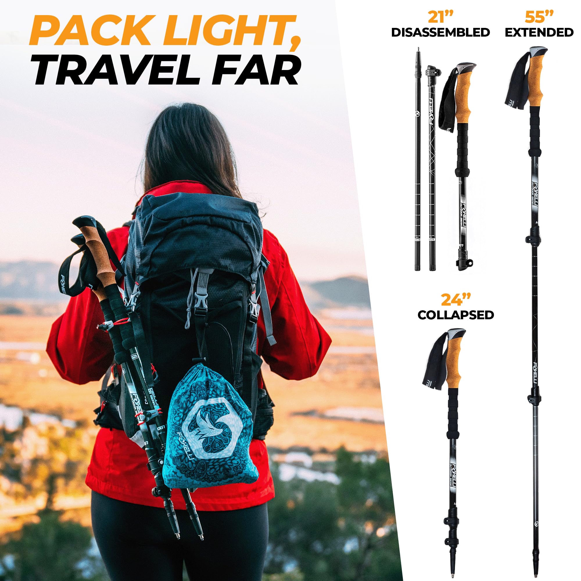 Foxelli Carbon Fiber Trekking Poles – Lightweight Collapsible Hiking Poles, Shock-Absorbent Walking Sticks with Natural Cork Grips, Flip Locks, 4 Season/All Terrain Accessories and Carry Bag