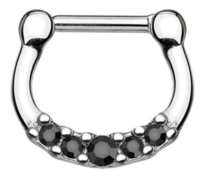 lobal domination 1 piece 100% surgical steel five crystal gem septum clicker nose ring - 14g or 16g (black gem - 16g)