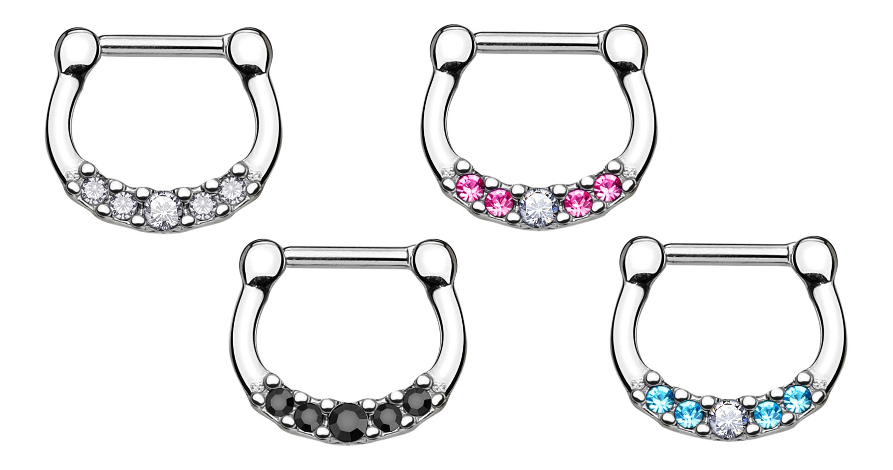 Lobal Domination 1 Piece 100% Surgical Steel Five Crystal Gem Septum Clicker Nose Ring - 14g or 16g (Black Gem - 16g)