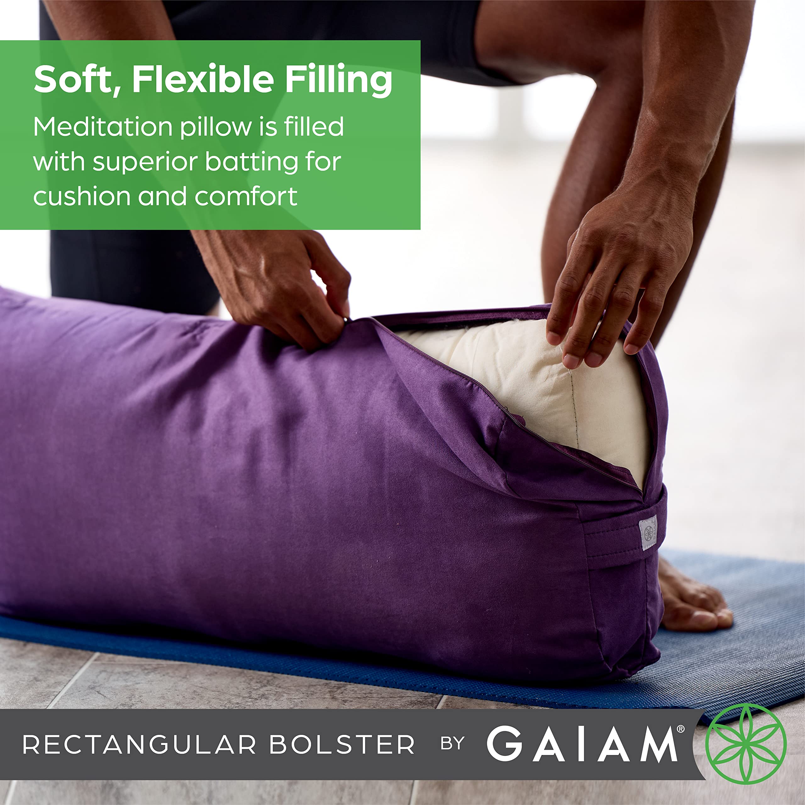 Gaiam Yoga Bolster - Long, Rectangular Meditation Pillow - Supportive Cushion for Restorative Yoga and Sitting on the Floor - Built-In Carrying Handle - Machine Washable Cover