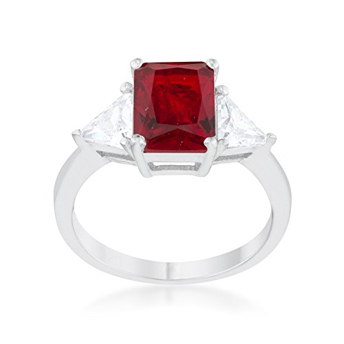 Rhodium Plated Classic Engagement Ring With 4.5ct Ruby Radiant Cut And Trillion Cut Cubic Zirconia Size 7