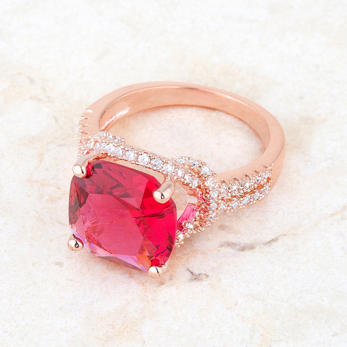 6.2ct Ruby CZ Rose Gold Plated Classic Cocktail Ring Ring Size 10