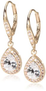 anne klein "classics" gold-tone cubic zirconia base leverback pear shape drop earrings