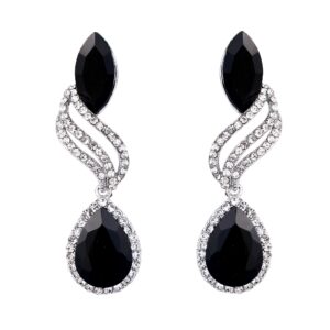 BriLove Silver-Tone Dangle Earrings for Women Wedding Bridal Fashion Crystal Hollow Leaf Teardrop Earrings Black