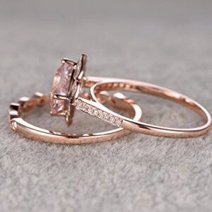 2pcs Morganite Bridal Ring Set,Engagement Ring Rose Gold,Diamond Wedding Band,14k,7mm Cushion Cut,Promise Ring,Retro Vintage Floral,Art Deco