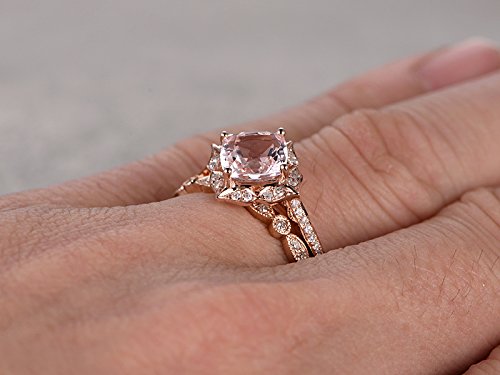 2pcs Morganite Bridal Ring Set,Engagement Ring Rose Gold,Diamond Wedding Band,14k,7mm Cushion Cut,Promise Ring,Retro Vintage Floral,Art Deco