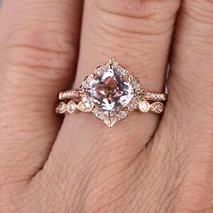 2pcs Morganite Bridal Ring Set,Engagement Ring Rose Gold,Diamond Wedding Band,14k,7mm Cushion Cut,Promise Ring,Retro Vintage Floral,Art Deco