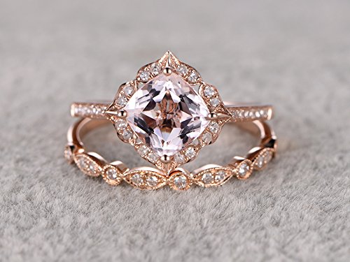 2pcs Morganite Bridal Ring Set,Engagement Ring Rose Gold,Diamond Wedding Band,14k,7mm Cushion Cut,Promise Ring,Retro Vintage Floral,Art Deco