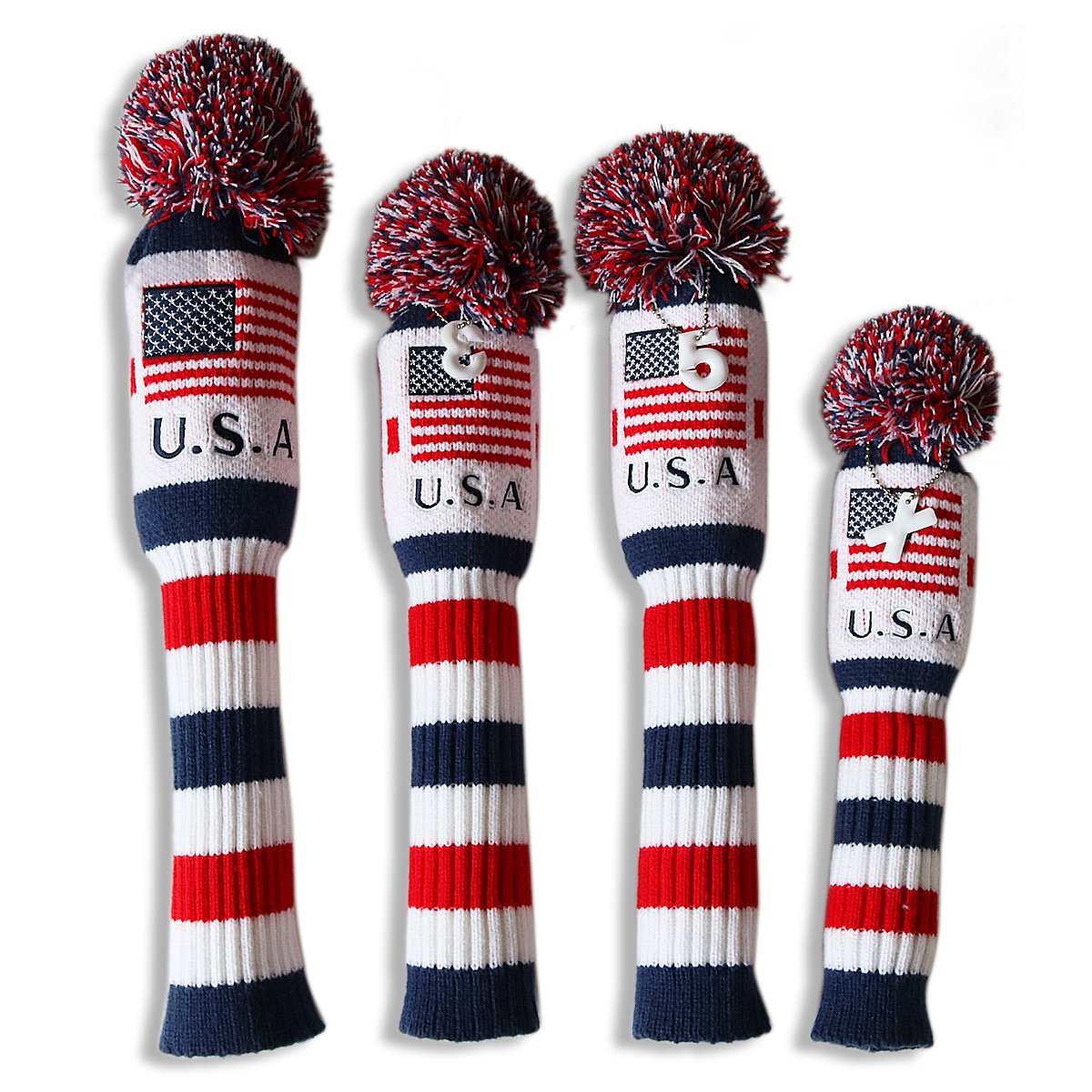 Craftsman Golf US Flag Knit Pom Pom White Blue Red Driver,Fairway Wood, Hybrid Head Cover Headcover for Callaway Mizuno Cobra Taylormade (4pcs(#1,3,5,X))