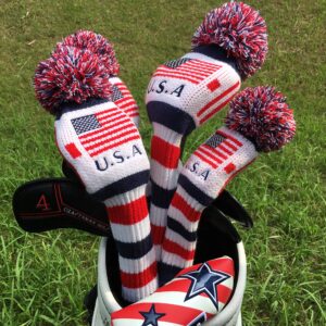 Craftsman Golf US Flag Knit Pom Pom White Blue Red Driver,Fairway Wood, Hybrid Head Cover Headcover for Callaway Mizuno Cobra Taylormade (4pcs(#1,3,5,X))