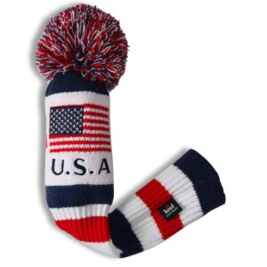 Craftsman Golf US Flag Knit Pom Pom White Blue Red Driver,Fairway Wood, Hybrid Head Cover Headcover for Callaway Mizuno Cobra Taylormade (4pcs(#1,3,5,X))