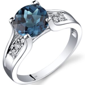 PEORA London Blue Topaz and Diamond Ring in 14K White Gold, 2.25 Carats total, Cathedral Design, Round Shape Solitaire Engagement, Round Shape, 8mm, Comfort Fit, Size 7