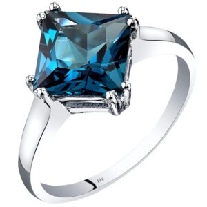 peora london blue topaz classic solitaire ring for women 14k white gold, natural gemstone birthstone, 2.75 carats princess cut 8mm, comfort fit, size 7