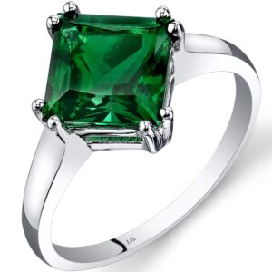 PEORA Created Emerald Classic Solitaire Ring for Women in 14K White Gold, 2 Carats Princess Cut 8mm, Comfort Fit, Size 9