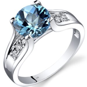 PEORA Swiss Blue Topaz and Diamond Cathedral Ring for Women 14K White Gold, Natural Gemstone Birthstone, 2.25 Carats Round Shape, 8mm, Size 5