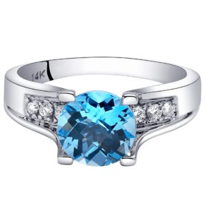 PEORA Swiss Blue Topaz and Diamond Cathedral Ring for Women 14K White Gold, Natural Gemstone Birthstone, 2.25 Carats Round Shape, 8mm, Size 5