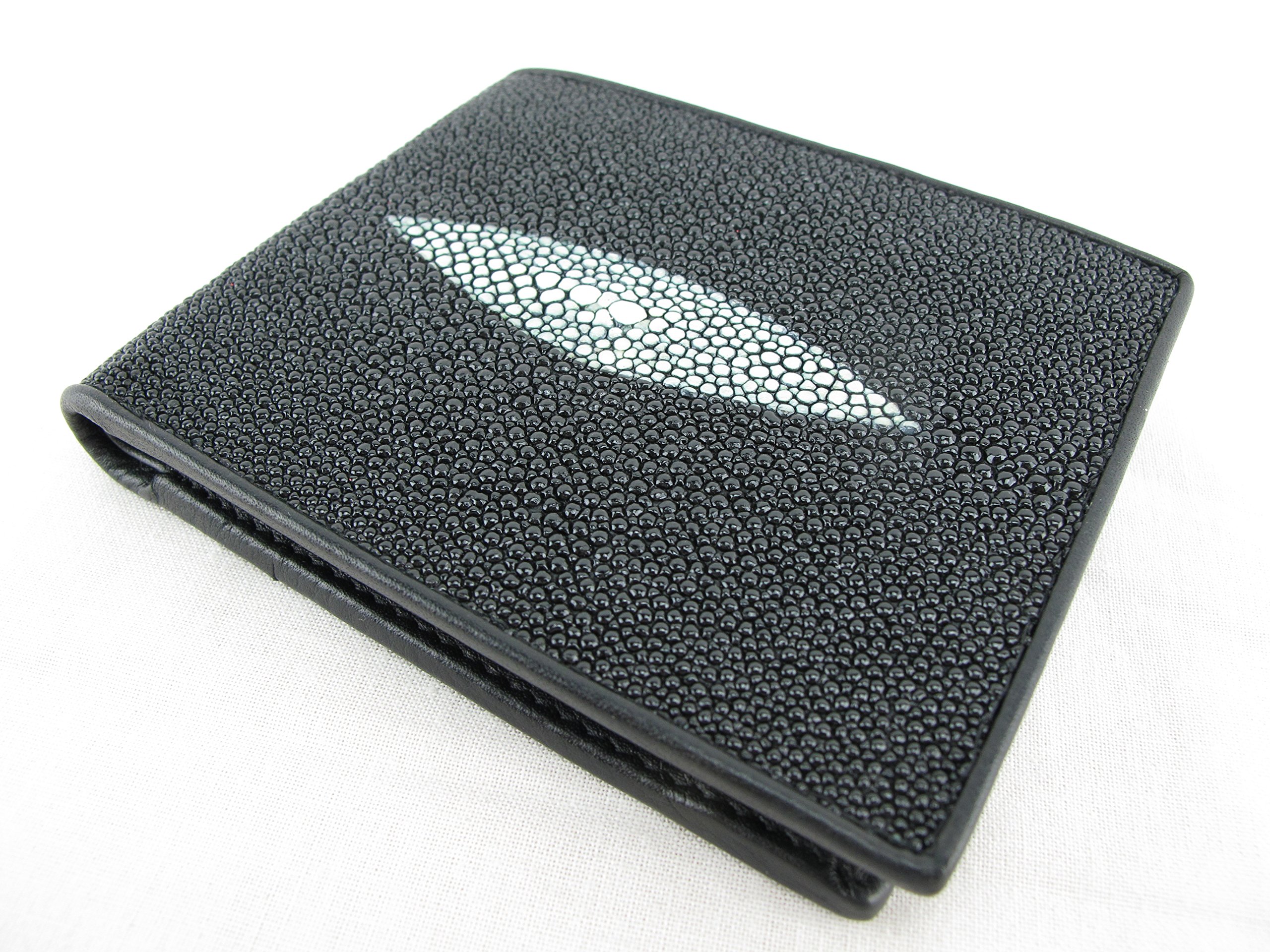 Pelgio Genuine Stingray Shagreen Skin Leather Bifold Wallet (Black)