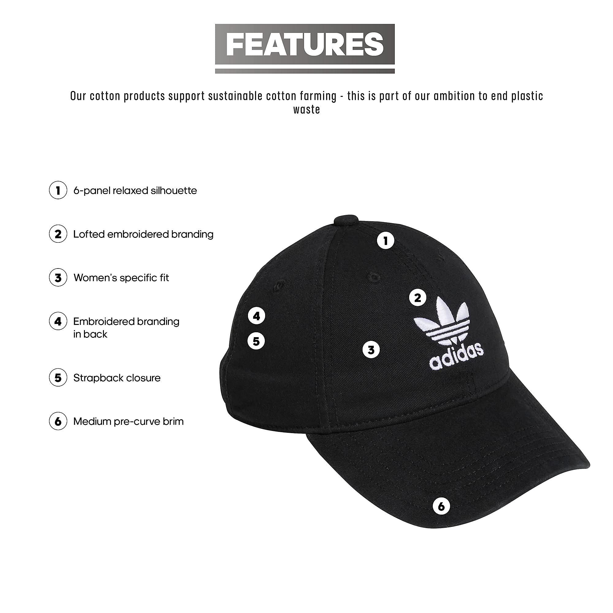 adidas Originals Women's Relaxed Fit Adjustable Strapback Cap, Black/White, One Size