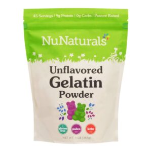 nunaturals unflavored beef gelatin powder, instantly thickens, stabilizes, and texturizes, 1 lb