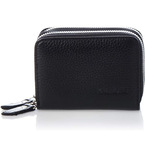 KALMORE Women's Leather RFID Secured Spacious Cute Card Wallet Small Purse, Black, Two Zippers