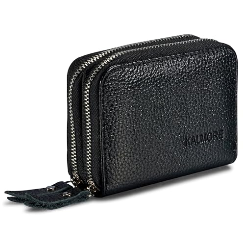 KALMORE Women's Leather RFID Secured Spacious Cute Card Wallet Small Purse, Black, Two Zippers