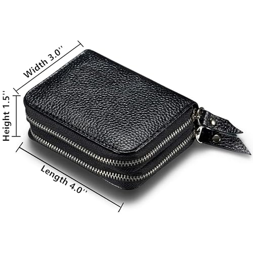 KALMORE Women's Leather RFID Secured Spacious Cute Card Wallet Small Purse, Black, Two Zippers