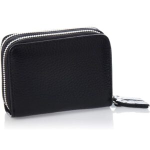 KALMORE Women's Leather RFID Secured Spacious Cute Card Wallet Small Purse, Black, Two Zippers