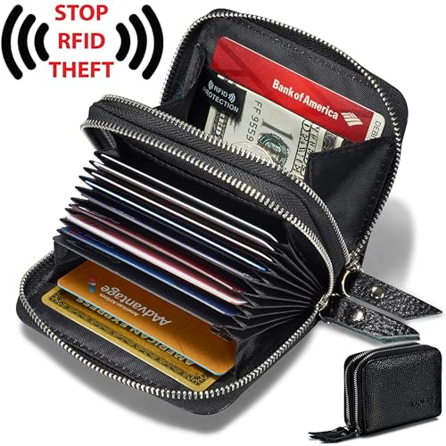 KALMORE Women's Leather RFID Secured Spacious Cute Card Wallet Small Purse, Black, Two Zippers