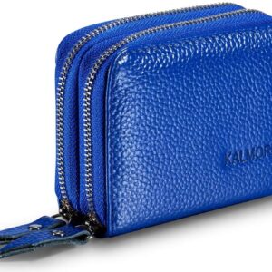 KALMORE Women's Leather RFID Secured Spacious Cute Card Wallet Small Purse, Blue, Two Zippers