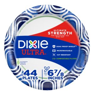 dixie ultra, small paper plates, 6 7/8" inch, 44 count, 3x stronger*, heavy duty, microwave-safe, soak-proof, cut resistant, disposable plates for heavy, messy meals