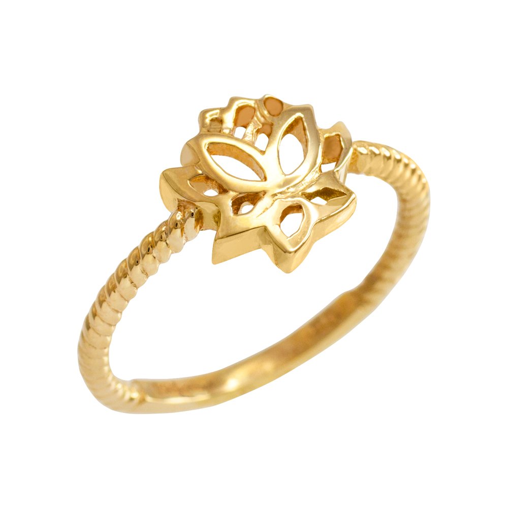 10k Yellow Gold Dainty Beaded Band Lotus Flower Ring (Size 9.75)