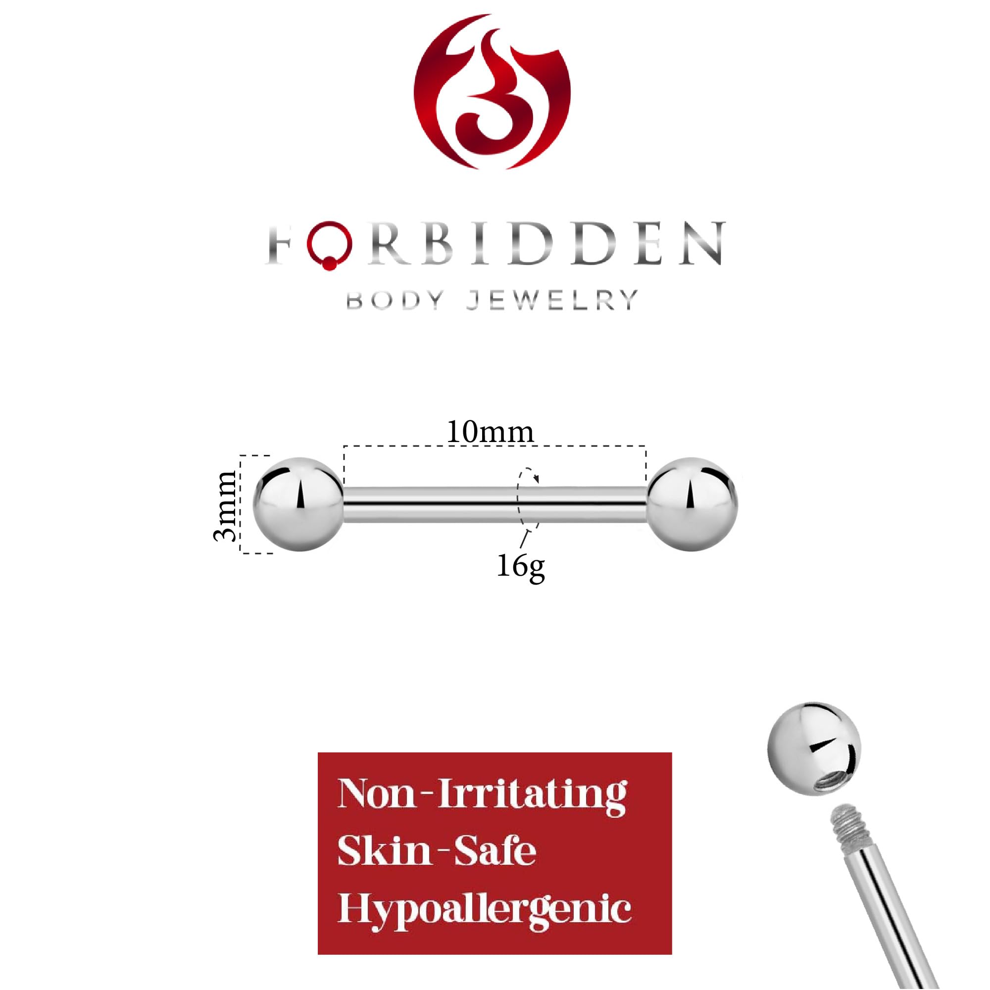 Forbidden Body Jewelry 16g 10mm Titanium Straight Barbell Body Piercing, 3mm Balls