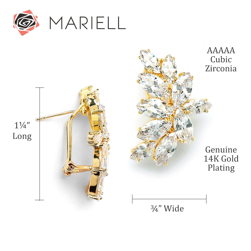 Mariell Gold Cubic Zirconia Crystal Bridal Earrings, Marquis Shape CZ Curved Clusters, Earrings for Wedding, Bridesmaids, Homecoming, Mother of the Bride