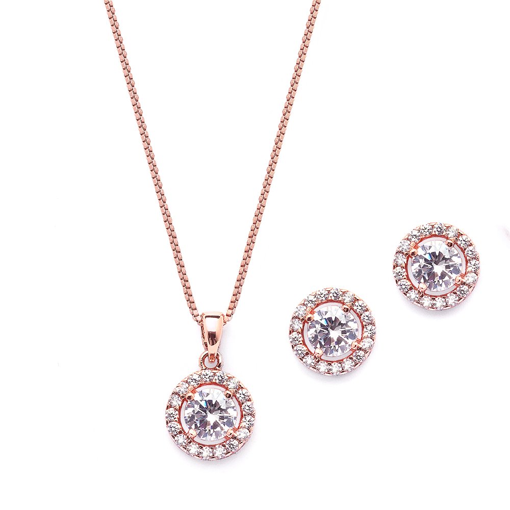 Mariell Bridal Wedding Necklace Set, Cubic Zirconia Pendant Necklace and Earrings Set, Rose Gold Jewelry