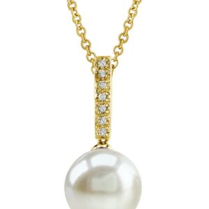 The Pearl Source 14K Gold 9-10mm Round White Freshwater Cultured Pearl & Diamond Dangling Pendant Necklace for Women