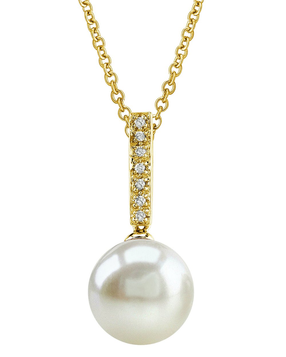 The Pearl Source 14K Gold 9-10mm Round White Freshwater Cultured Pearl & Diamond Dangling Pendant Necklace for Women