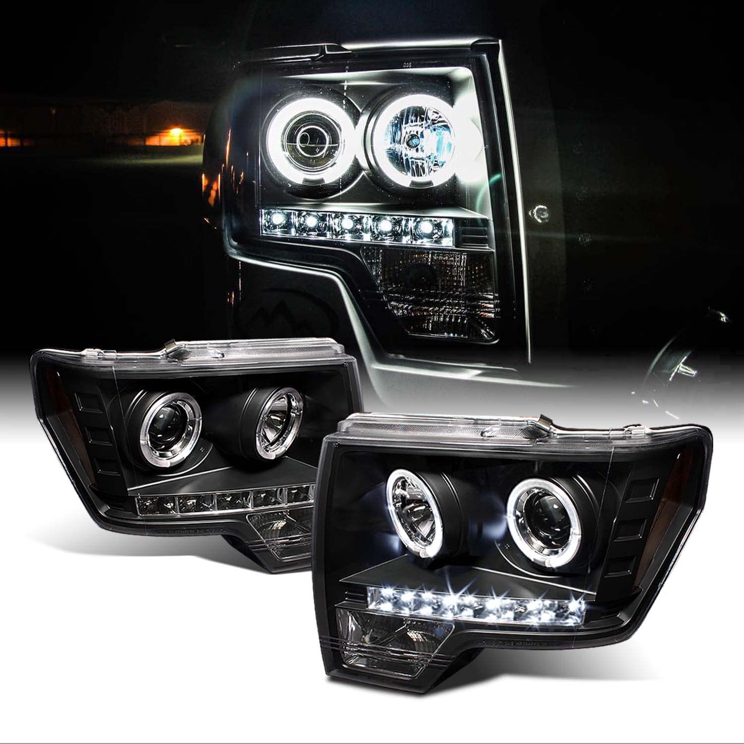 AKKON - For Ford F150 F-150 Pickup Black Bezel Dual Halo LED Projector Headlights Front Lamps