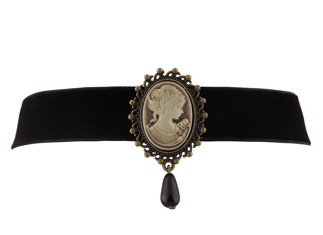 WUSUANED Fashion Retro Black Victorian Cameo Pearl Bead Velvet Choker Necklace (Relief Necklace)