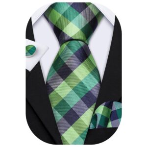 Barry.Wang Plaid Ties Check Mens Necktie Set with Handkerchief Cufflinks Classic Stripe Green Grey