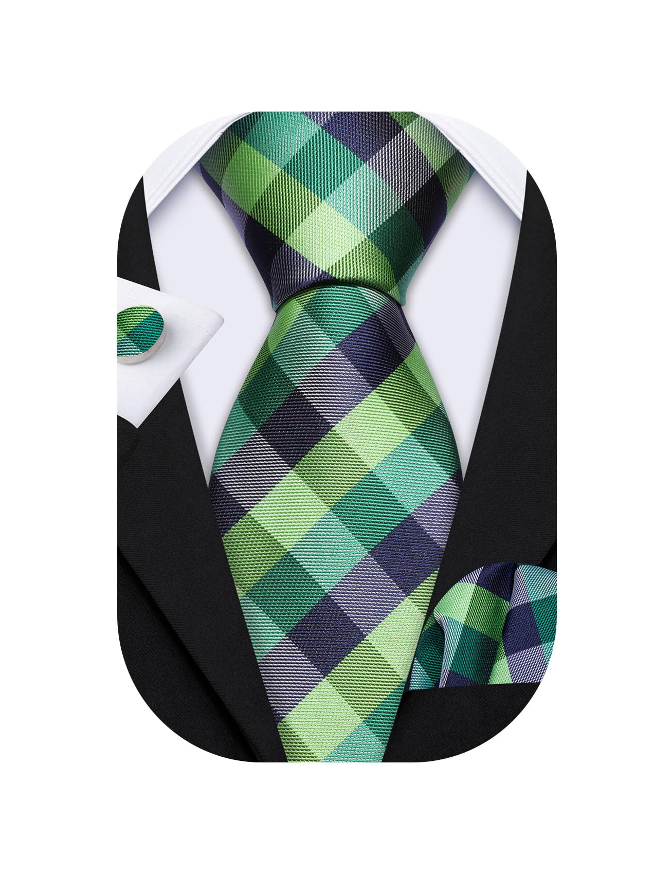 Barry.Wang Plaid Ties Check Mens Necktie Set with Handkerchief Cufflinks Classic Stripe Green Grey