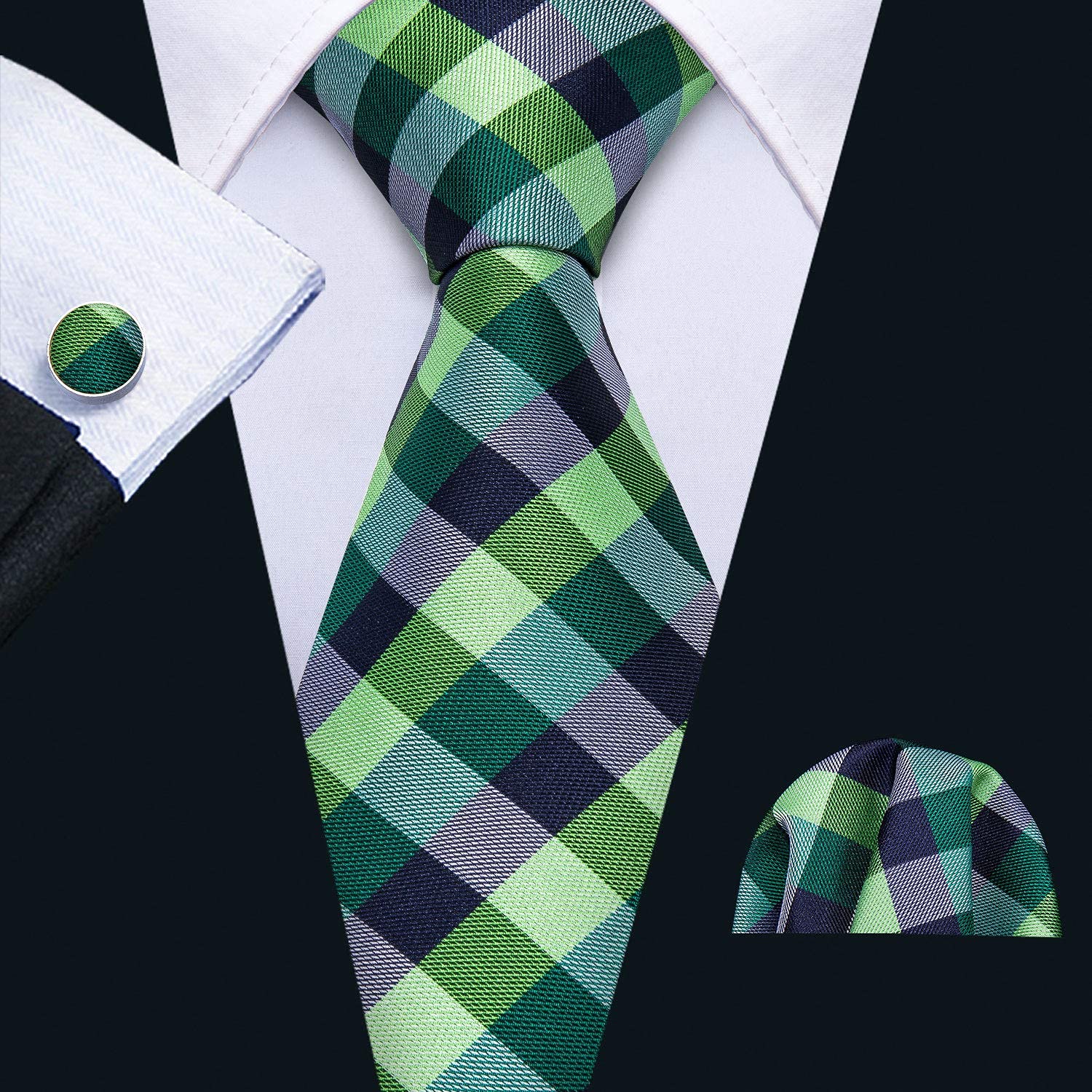 Barry.Wang Plaid Ties Check Mens Necktie Set with Handkerchief Cufflinks Classic Stripe Green Grey