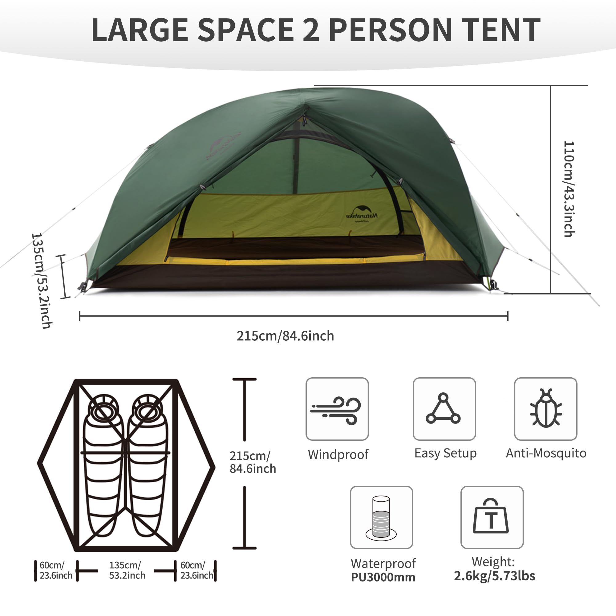 Naturehike Star River 2 Person Backpacking Tent, Waterproof Lightweight 2 Person Tent, Double Layer Ultralight Two Person Tent for Camping, Hiking, Cycling