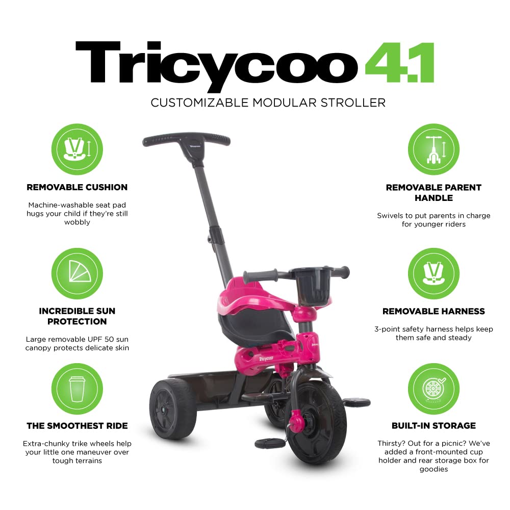 Joovy Tricycoo 4.1 Kids Tricycle with 4-Stages Featuring Extra-Wide Front Tire, Removable and Adjustable Parent Handle, Safety Harness, Machine-Washable Seat Pad, and Retractable Canopy (Pink)